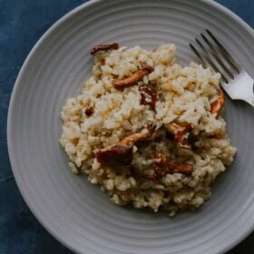meat with fired rice on plate