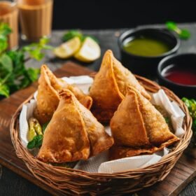 samosas in wicker basket on dinner table