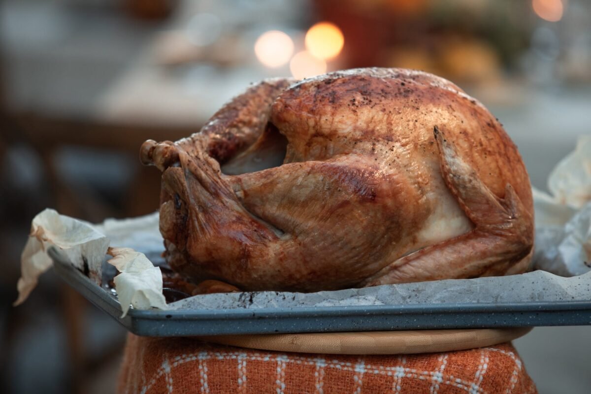 roasted chicken on blue tray