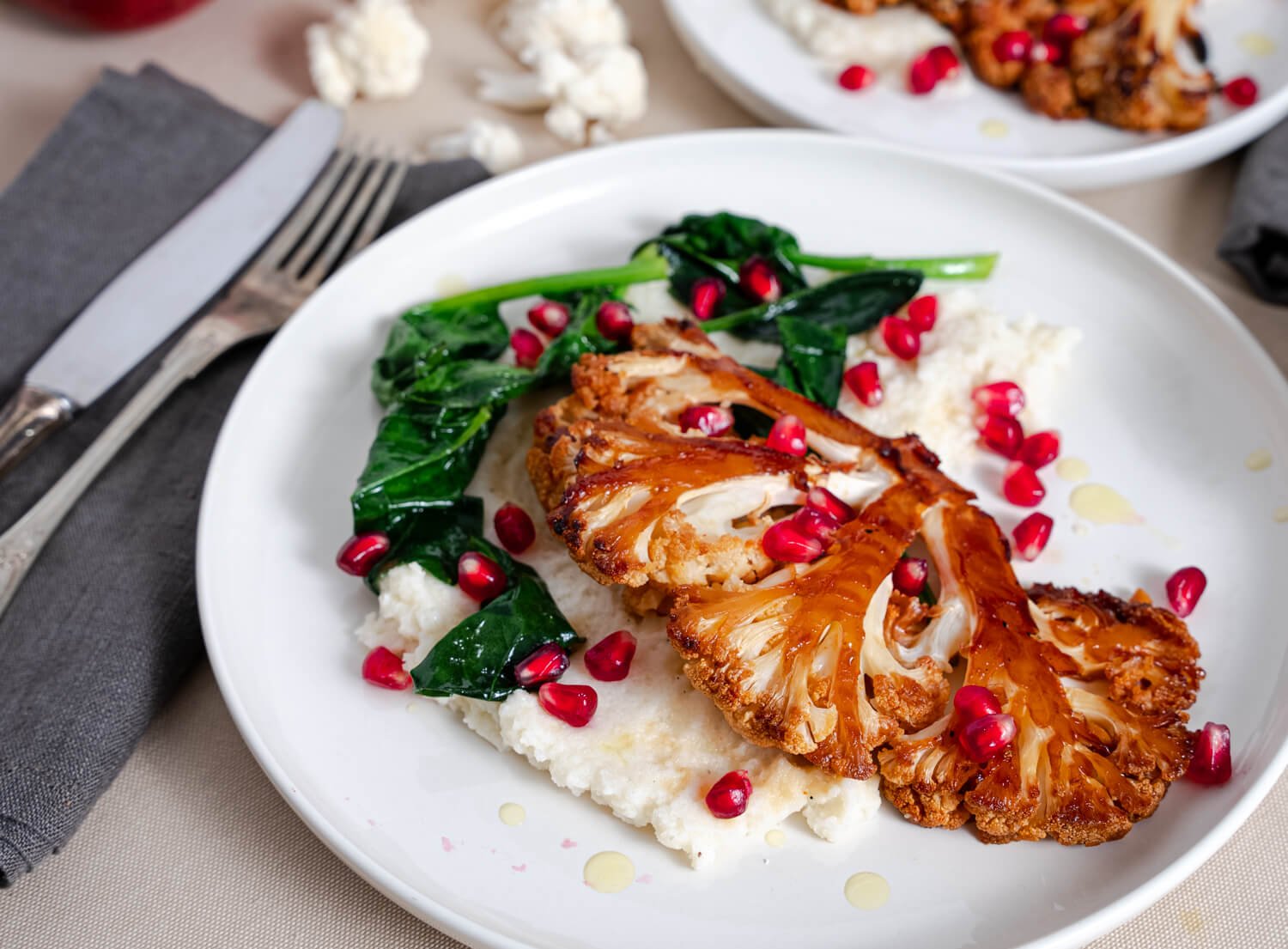 Roasted Honey Sriracha Cauliflower Steak Over Mashed Cauliflower
