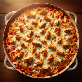 Spaghetti baked, also known as baked spaghetti, is a delicious dish where cooked spaghetti noodles are mixed with a savory tomato sauce, dice chicken, and cheese. The mixture is then layered in a casserole dish, topped with more cheese, and baked in the oven until it's hot and bubbly.