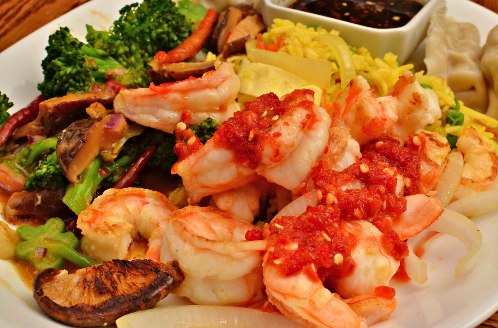 Shrimp with Chili Garlic Paste, Stir Fried Broccoli, Fried Rice, and Dumplings