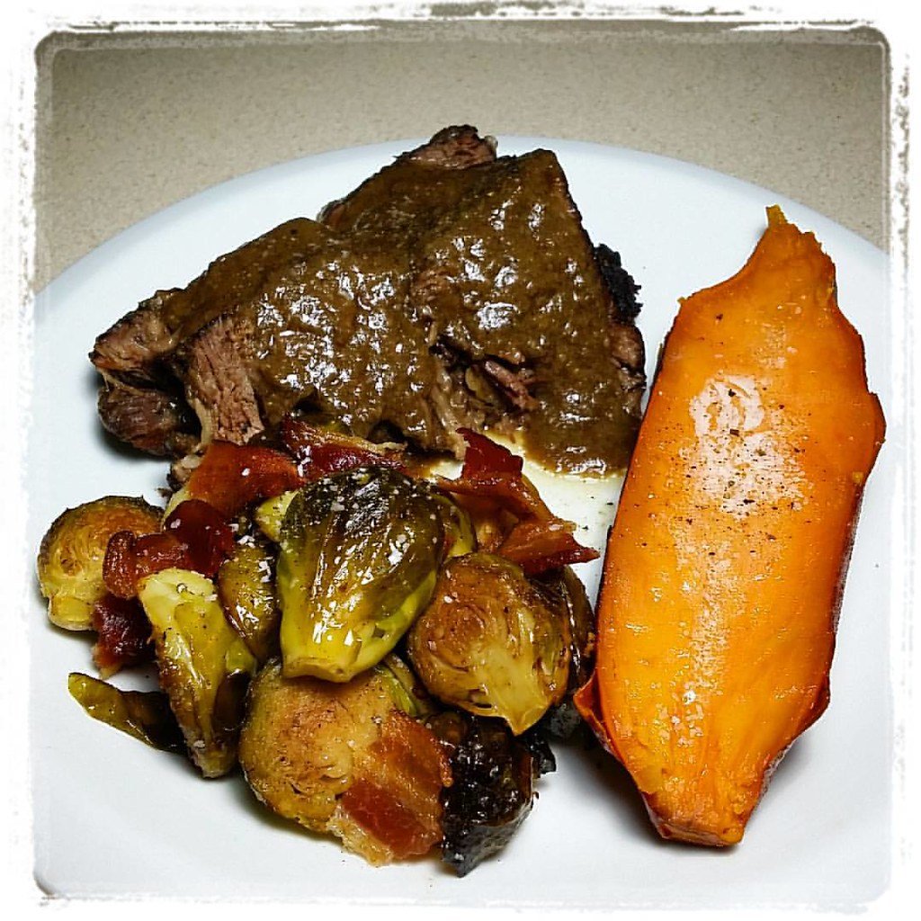 Pot Roast with Roasted Brussels Sprouts & Bacon, and Sweet Potato Halves