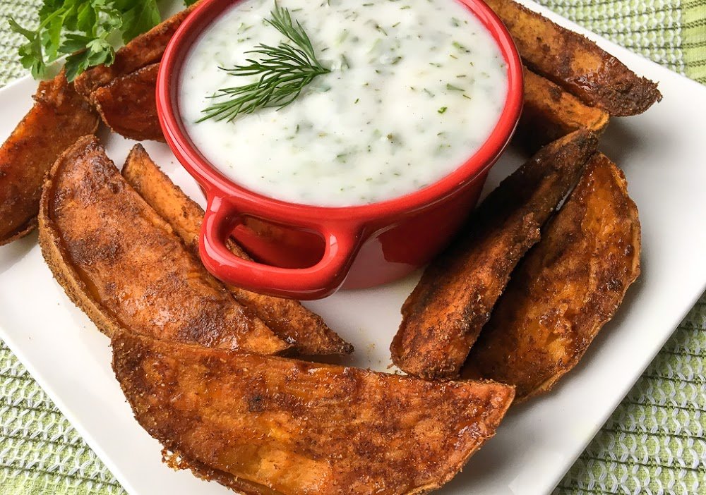 Spicy Sweet Potato Wedges with Herbed Coconut Yogurt Dip